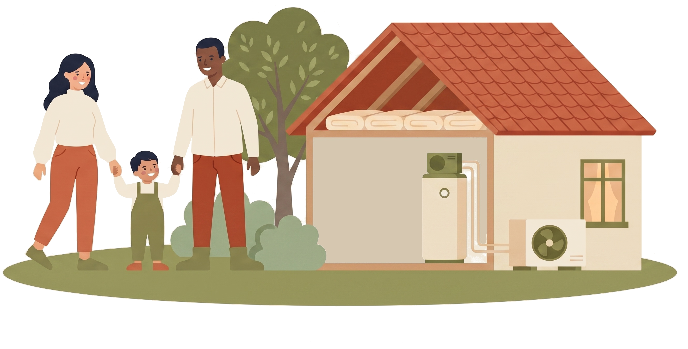 A cutaway house showing insulation, a heat pump water heater and an outdoor unit